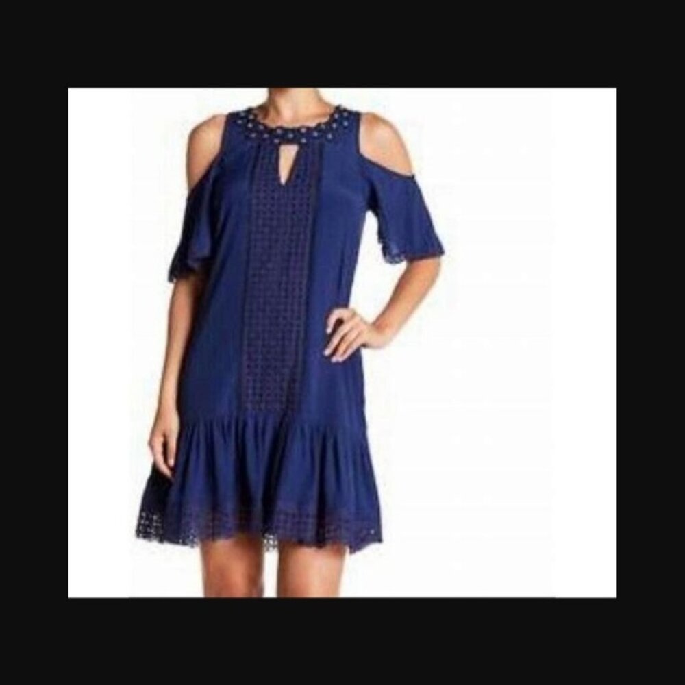 Hale Bob Cold Shoulder Blue Grommet Dress sz M